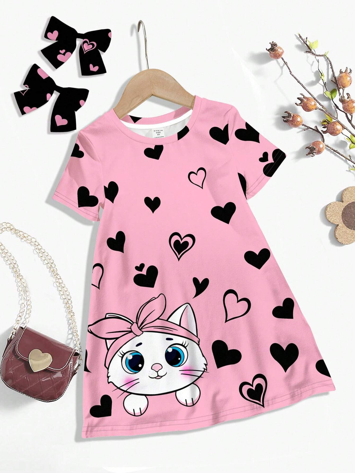 Cute Cat & Heart Print Casual Minimalist Short Sleeve Mid-Length Dress For Young Girls, Suitable For Summer