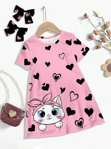 Cute Cat & Heart Print Casual Minimalist Short Sleeve Mid-Length Dress For Young Girls, Suitable For Summer