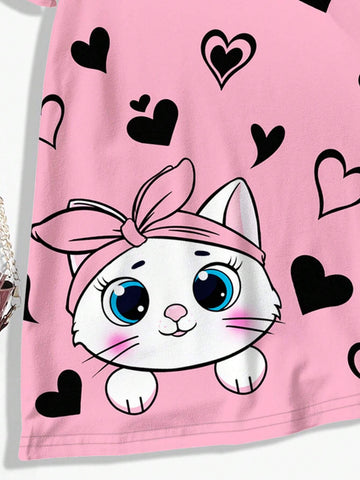 Cute Cat & Heart Print Casual Minimalist Short Sleeve Mid-Length Dress For Young Girls, Suitable For Summer