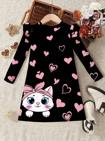 Cute Cat & Heart Print Young Girl Ruffled Hem Relaxed Fit Long Sleeve Mini Dress, Casual Style For Autumn/Winter