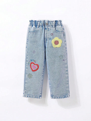 Cute Crocheted & Embroidered Flower Heart Pattern Straight Leg Denim Pants For Toddler Girls, Light Blue