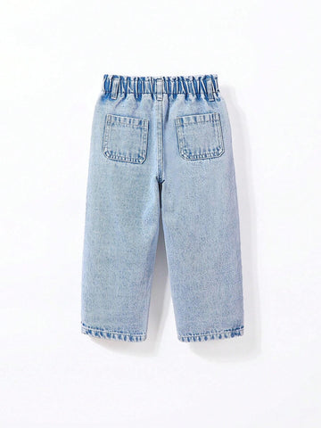 Cute Crocheted & Embroidered Flower Heart Pattern Straight Leg Denim Pants For Toddler Girls, Light Blue