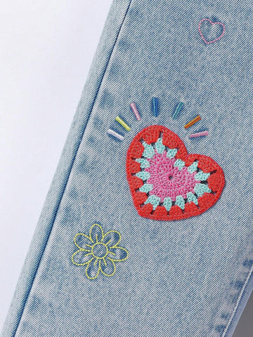 Cute Crocheted & Embroidered Flower Heart Pattern Straight Leg Denim Pants For Toddler Girls, Light Blue