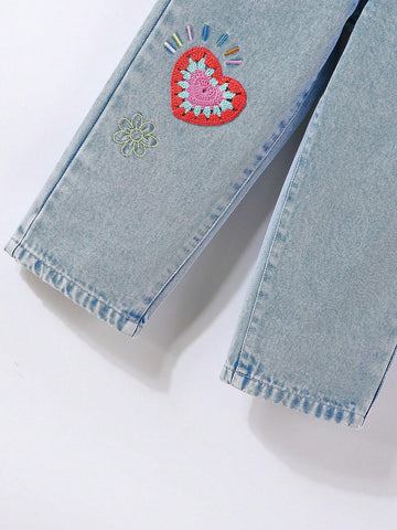 Cute Crocheted & Embroidered Flower Heart Pattern Straight Leg Denim Pants For Toddler Girls, Light Blue