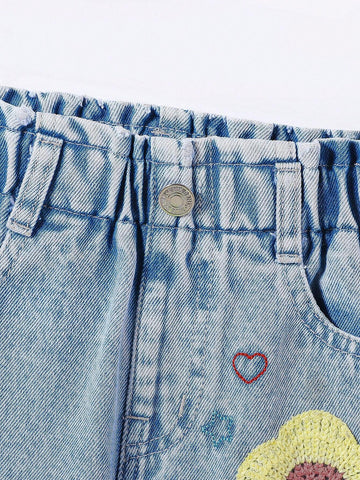 Cute Crocheted & Embroidered Flower Heart Pattern Straight Leg Denim Pants For Toddler Girls, Light Blue