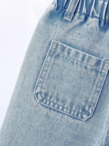 Cute Crocheted & Embroidered Flower Heart Pattern Straight Leg Denim Pants For Toddler Girls, Light Blue