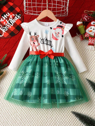 Cute Deer & Santa Claus Graphic Girls Plaid Mesh Long Sleeve Dress With Belt, Casual Outdoor Mini Skirt
