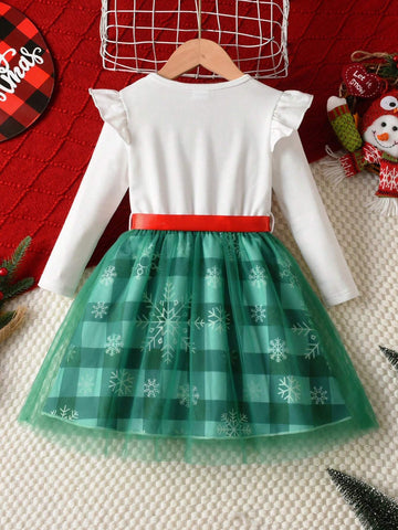 Cute Deer & Santa Claus Graphic Girls Plaid Mesh Long Sleeve Dress With Belt, Casual Outdoor Mini Skirt