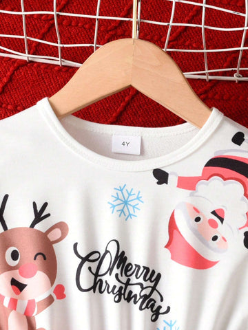 Cute Deer & Santa Claus Graphic Girls Plaid Mesh Long Sleeve Dress With Belt, Casual Outdoor Mini Skirt