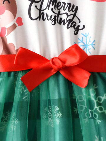 Cute Deer & Santa Claus Graphic Girls Plaid Mesh Long Sleeve Dress With Belt, Casual Outdoor Mini Skirt