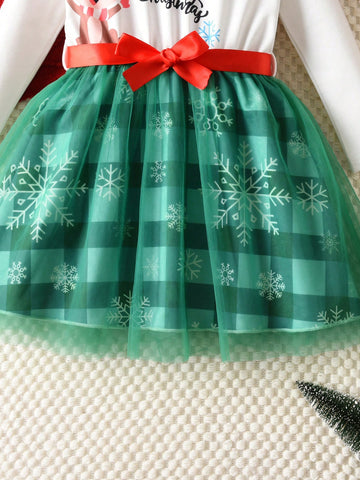 Cute Deer & Santa Claus Graphic Girls Plaid Mesh Long Sleeve Dress With Belt, Casual Outdoor Mini Skirt