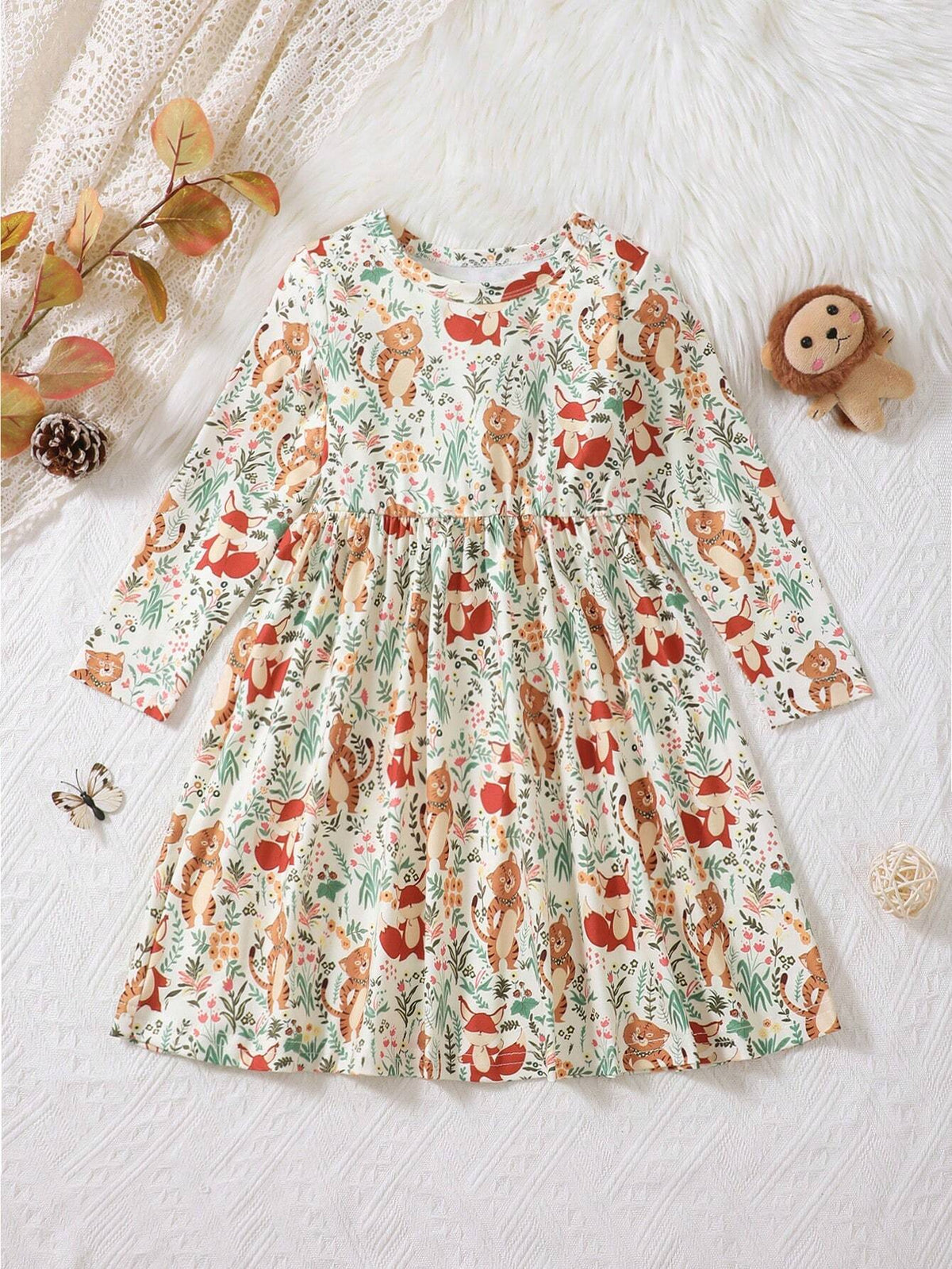 Cute Dress For Young Girl - Animal & Grass Flower Print, Knee Length, Crew Neck Collar For Fall And Winter