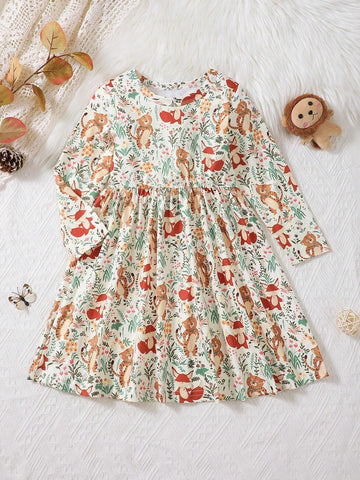 Cute Dress For Young Girl - Animal & Grass Flower Print, Knee Length, Crew Neck Collar For Fall And Winter
