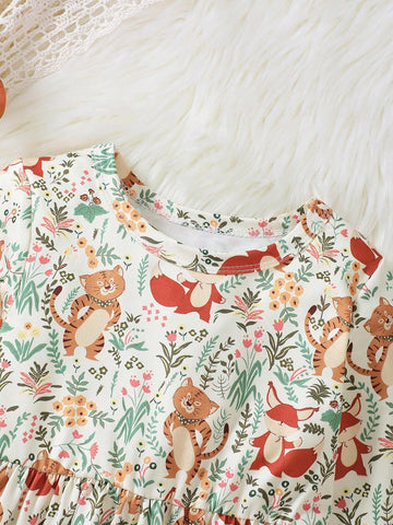 Cute Dress For Young Girl - Animal & Grass Flower Print, Knee Length, Crew Neck Collar For Fall And Winter