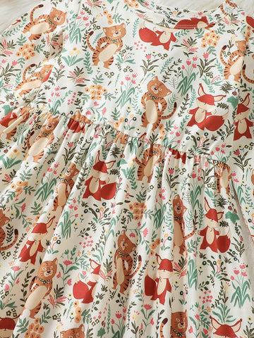 Cute Dress For Young Girl - Animal & Grass Flower Print, Knee Length, Crew Neck Collar For Fall And Winter