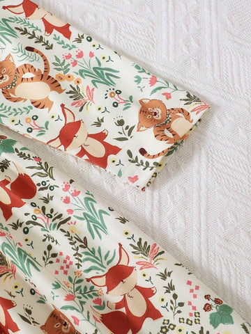Cute Dress For Young Girl - Animal & Grass Flower Print, Knee Length, Crew Neck Collar For Fall And Winter