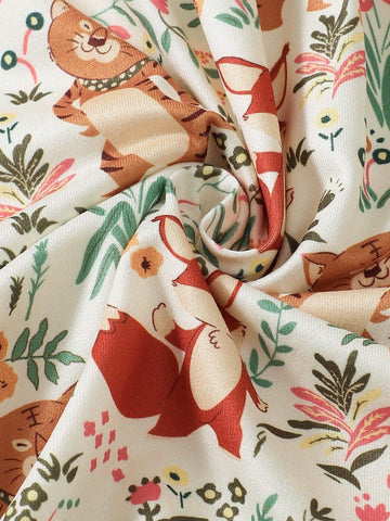 Cute Dress For Young Girl - Animal & Grass Flower Print, Knee Length, Crew Neck Collar For Fall And Winter