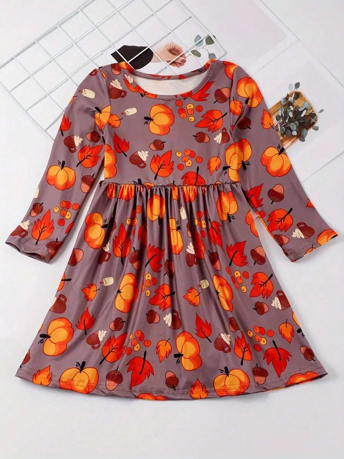 Cute Fall Dress For Toddler Girls - Fresh Fruits & Leaves Print, Knee Length, Crew Neck Collar - Perfect For Halloween