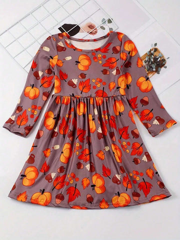 Cute Fall Dress For Toddler Girls - Fresh Fruits & Leaves Print, Knee Length, Crew Neck Collar - Perfect For Halloween