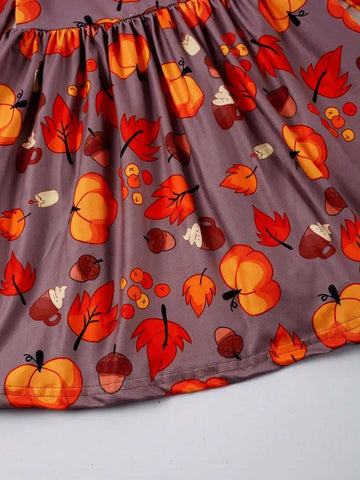 Cute Fall Dress For Toddler Girls - Fresh Fruits & Leaves Print, Knee Length, Crew Neck Collar - Perfect For Halloween