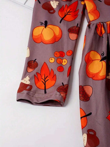 Cute Fall Dress For Toddler Girls - Fresh Fruits & Leaves Print, Knee Length, Crew Neck Collar - Perfect For Halloween