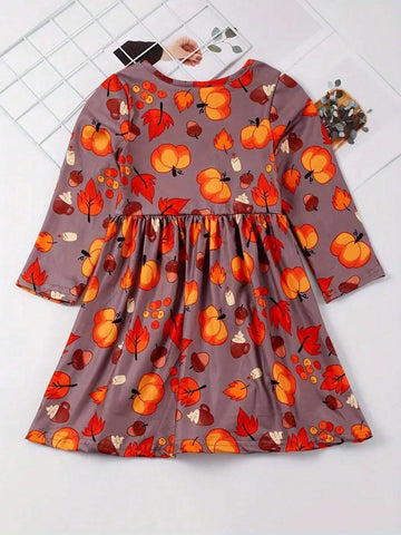 Cute Fall Dress For Toddler Girls - Fresh Fruits & Leaves Print, Knee Length, Crew Neck Collar - Perfect For Halloween