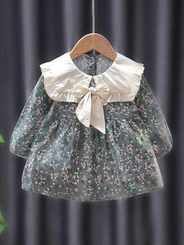 Cute Floral Print Long Sleeve Dress With Bowknot For Toddler Girls" Spring And Autumn