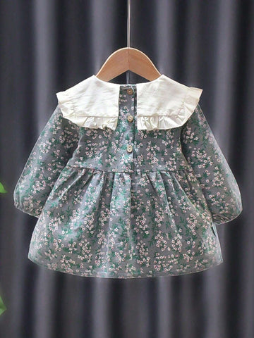 Cute Floral Print Long Sleeve Dress With Bowknot For Toddler Girls" Spring And Autumn