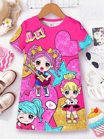 Cute Girl & Young Girl Casual Lovely Heart & Star Printed Short Sleeve Midi Dress, Suitable For Summer, Party Dress