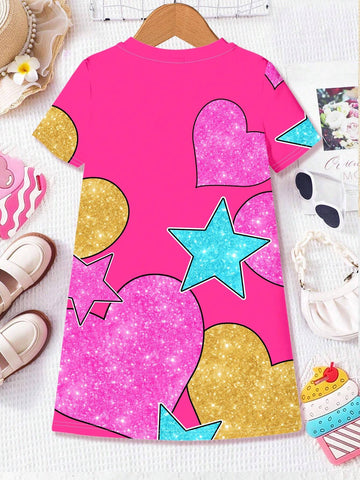 Cute Girl & Young Girl Casual Lovely Heart & Star Printed Short Sleeve Midi Dress, Suitable For Summer, Party Dress