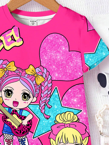 Cute Girl & Young Girl Casual Lovely Heart & Star Printed Short Sleeve Midi Dress, Suitable For Summer, Party Dress