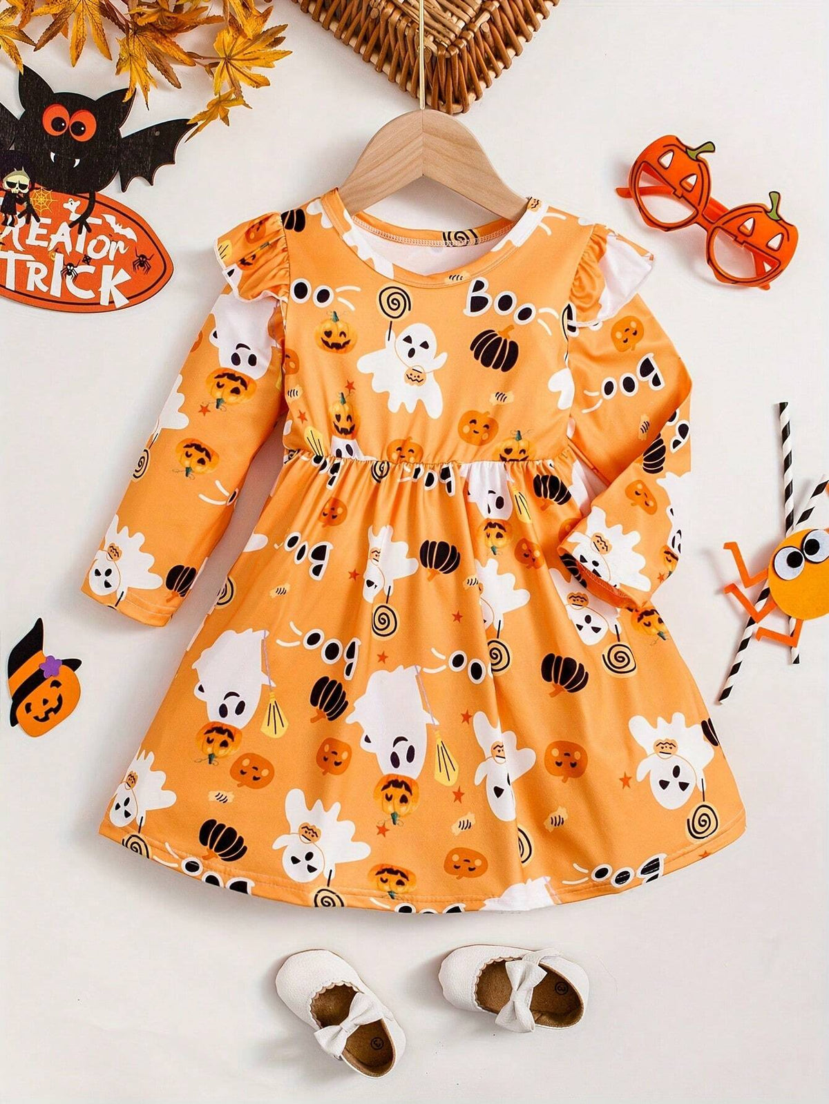 Cute Girls' Adorable Ghost & Pumpkin Print Flutter Trim Dress For Party Gift Fall Young Girl Clothes For Autumn