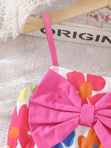 Cute Girls' Floral Print Dress With Big Bow Accent, Summer Vacation Style, 100% Polyester, Easy Care, Opaque - Girls Romper