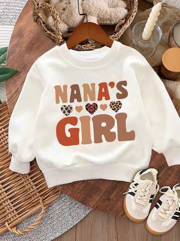 Cute Girls Leopard Print Heart & Letter "GIRL" Graphic Loose Fit Round Neck Fleece Lining Casual Everyday Comfortable Sweatshirt