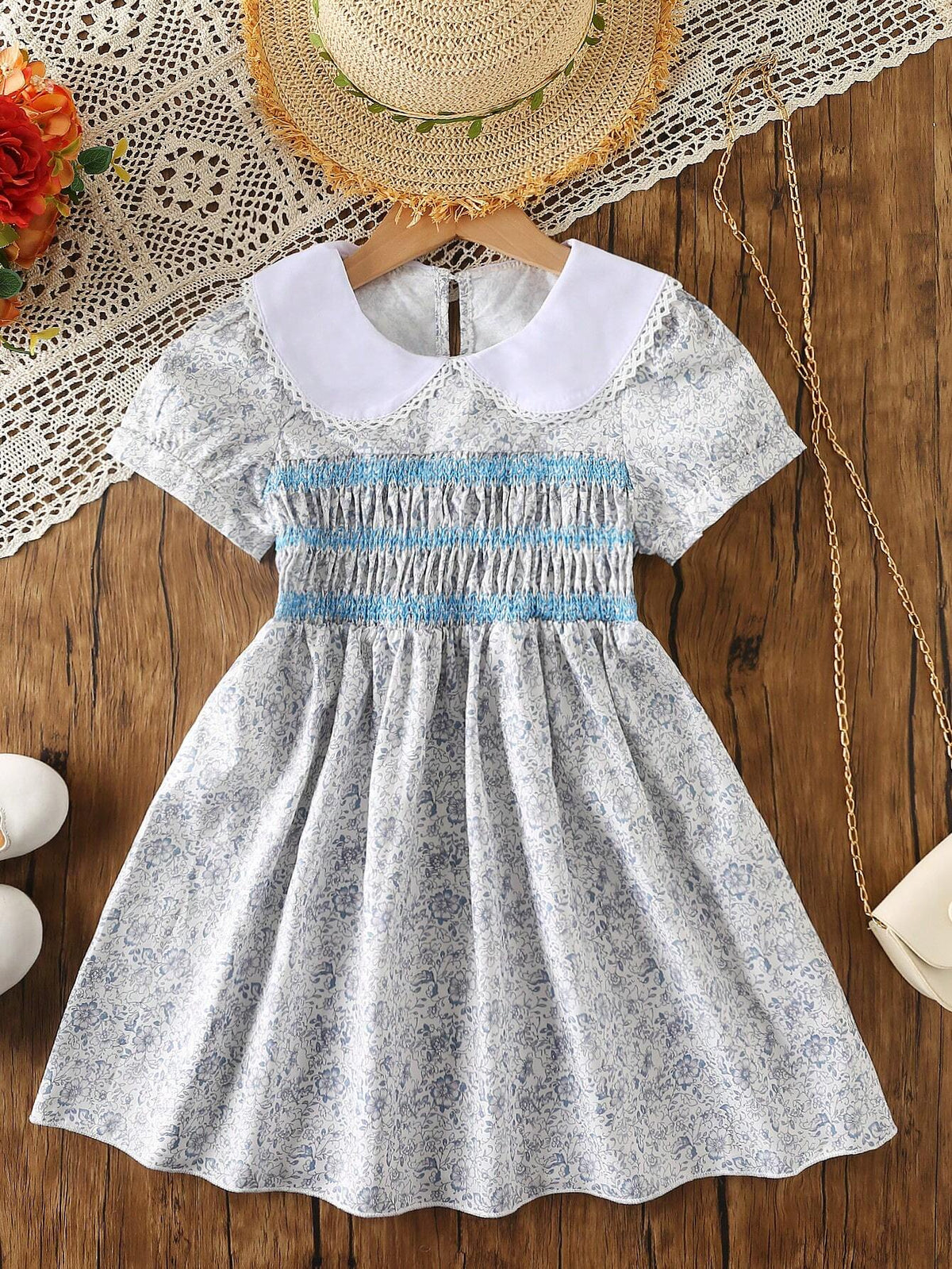 Cute Girls Peter Pan Collar Short Sleeve Floral A-Line Summer Dress