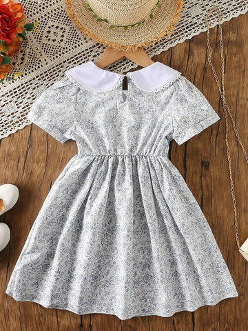 Cute Girls Peter Pan Collar Short Sleeve Floral A-Line Summer Dress