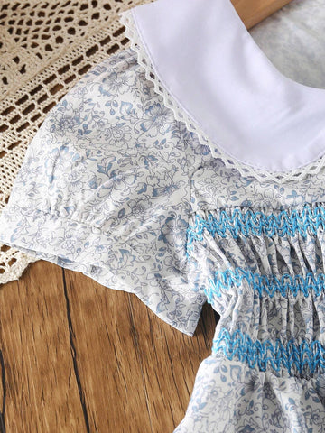 Cute Girls Peter Pan Collar Short Sleeve Floral A-Line Summer Dress