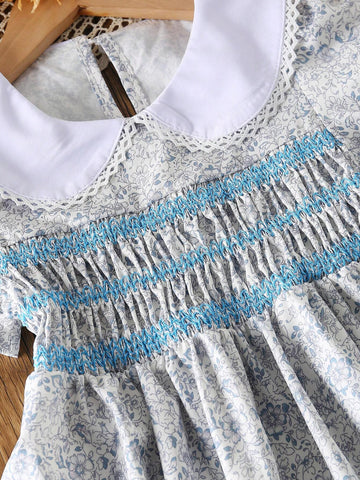 Cute Girls Peter Pan Collar Short Sleeve Floral A-Line Summer Dress