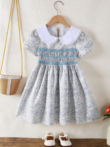 Cute Girls Peter Pan Collar Short Sleeve Floral A-Line Summer Dress