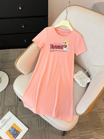 Cute Girls' Summer Cartoon Printed Casual T-Shirt Dress