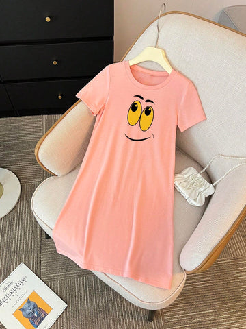 Cute Girls' Summer Casual Short Sleeve T-Shirt Dress With Round Neck