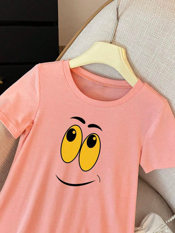 Cute Girls' Summer Casual Short Sleeve T-Shirt Dress With Round Neck