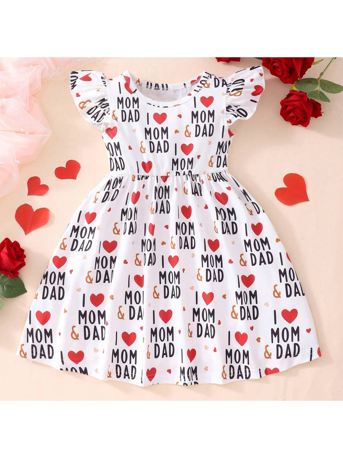 Cute Heart-Shaped Printed Dress For Young Girls, Perfect For Mother Day And Father Day, Suitable For Summer