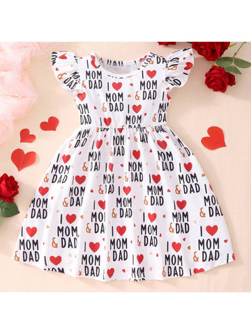 Cute Heart-Shaped Printed Dress For Young Girls, Perfect For Mother Day And Father Day, Suitable For Summer