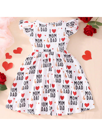 Cute Heart-Shaped Printed Dress For Young Girls, Perfect For Mother Day And Father Day, Suitable For Summer