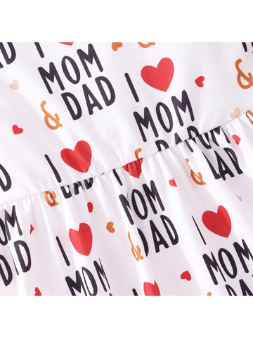 Cute Heart-Shaped Printed Dress For Young Girls, Perfect For Mother Day And Father Day, Suitable For Summer
