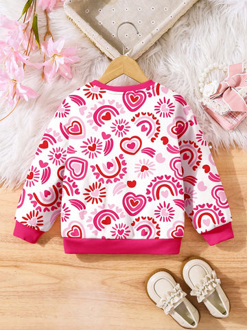 Cute Heart Pattern, Pink, Young Girls Casual Loose Fit Round Neck Comfortable Daily Knitted Long Sleeve Sweatshirt, Suitable For Autumn/Winter