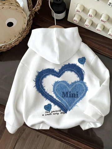 Cute Heart Pattern White Young Girls Casual Daily Comfortable Thick Long Sleeve Sweatshirt, Suitable For Autumn/Winter, Back Of Clothes