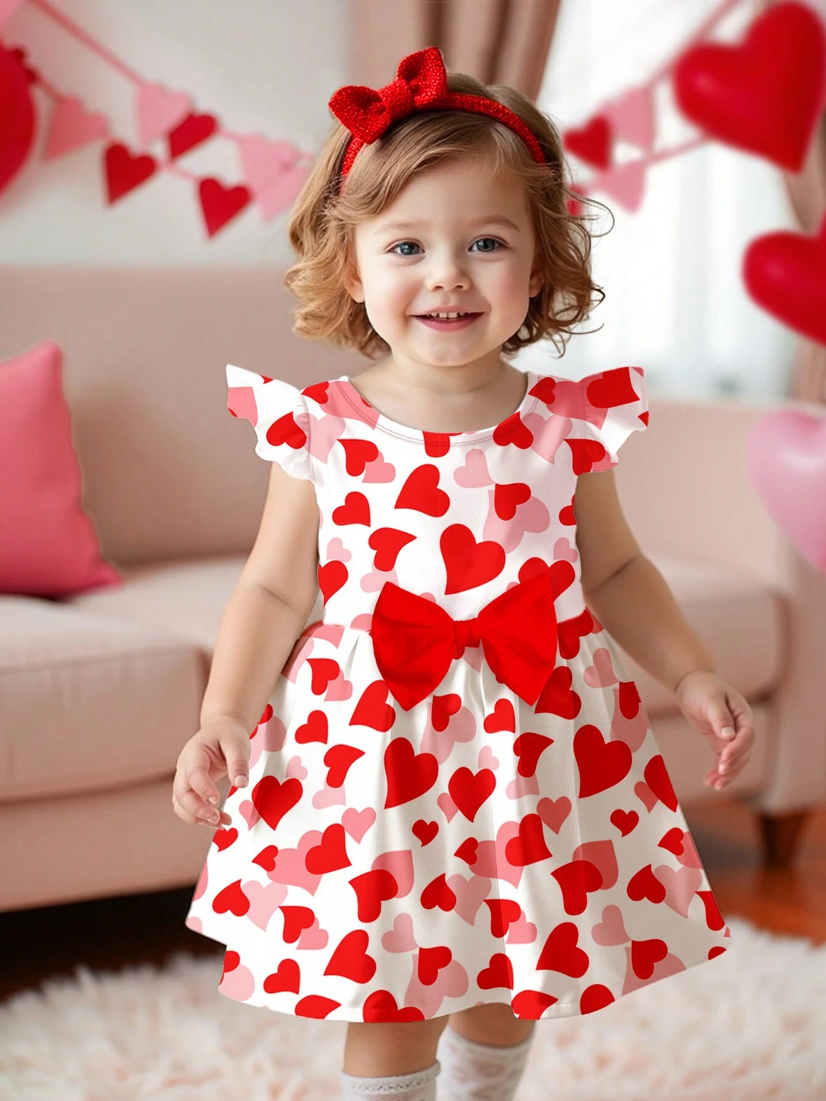 Cute Heart Print, Pink & Red, Young Girl Sweet Bow Heart Print Fashion Cap Sleeve Dress, Suitable For Spring & Summer