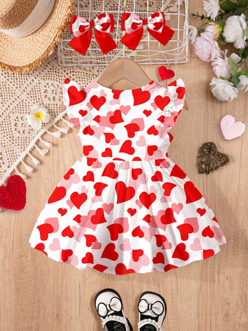 Cute Heart Print, Pink & Red, Young Girl Sweet Bow Heart Print Fashion Cap Sleeve Dress, Suitable For Spring & Summer